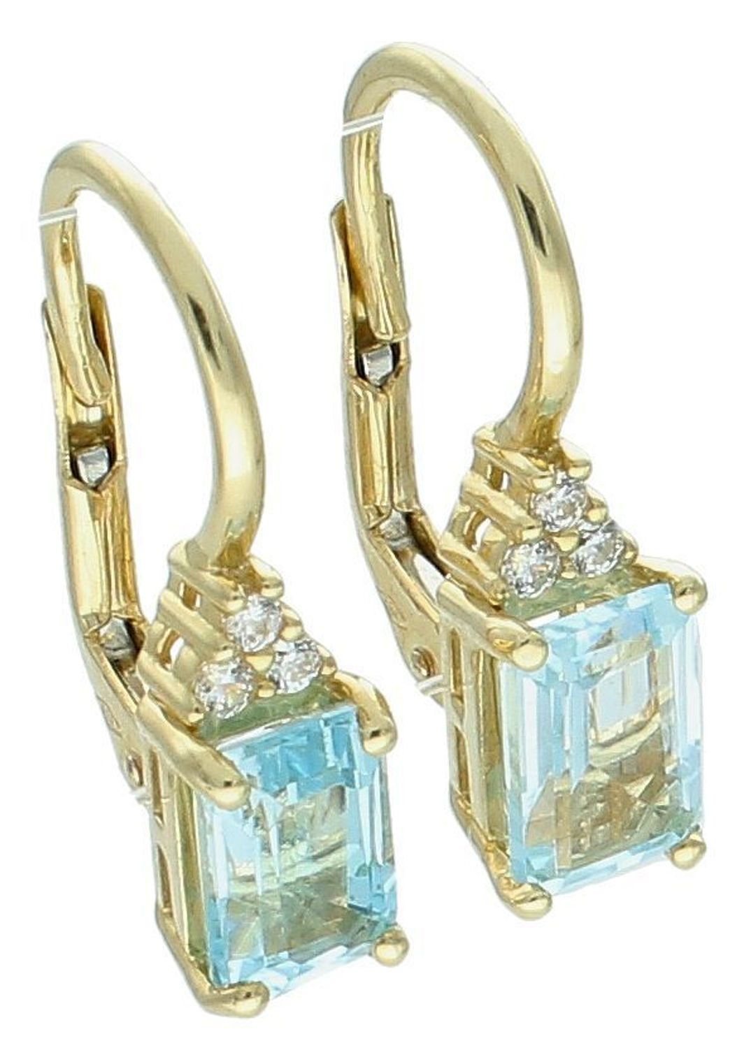 Kolczyki złote wiszące z niebieską cyrkonią, pr 585 KL 9022 585 Kolczyki złote wiszące, ozdobione prostokątną niebieską cyrkonią, wykonane z wysokiej jakości złota próby 585, 1.jpg